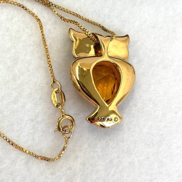 Gold Vermeil Sterling Silver 925 Brown Orange Rhinestone Owl Pendant Necklace - Picture 8 of 16